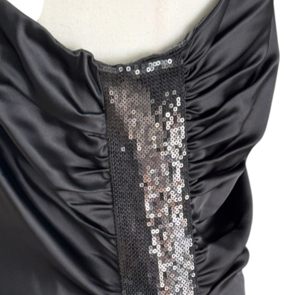 CALVIN KLEIN Black One Shoulder Mini Satin Dress Sequin Ruched Size M L 8 10 - Picture 5 of 8